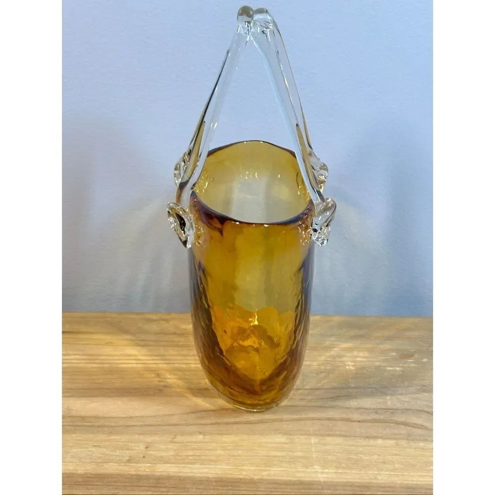 Vintage hand-blown amber art glass purse vase design Society